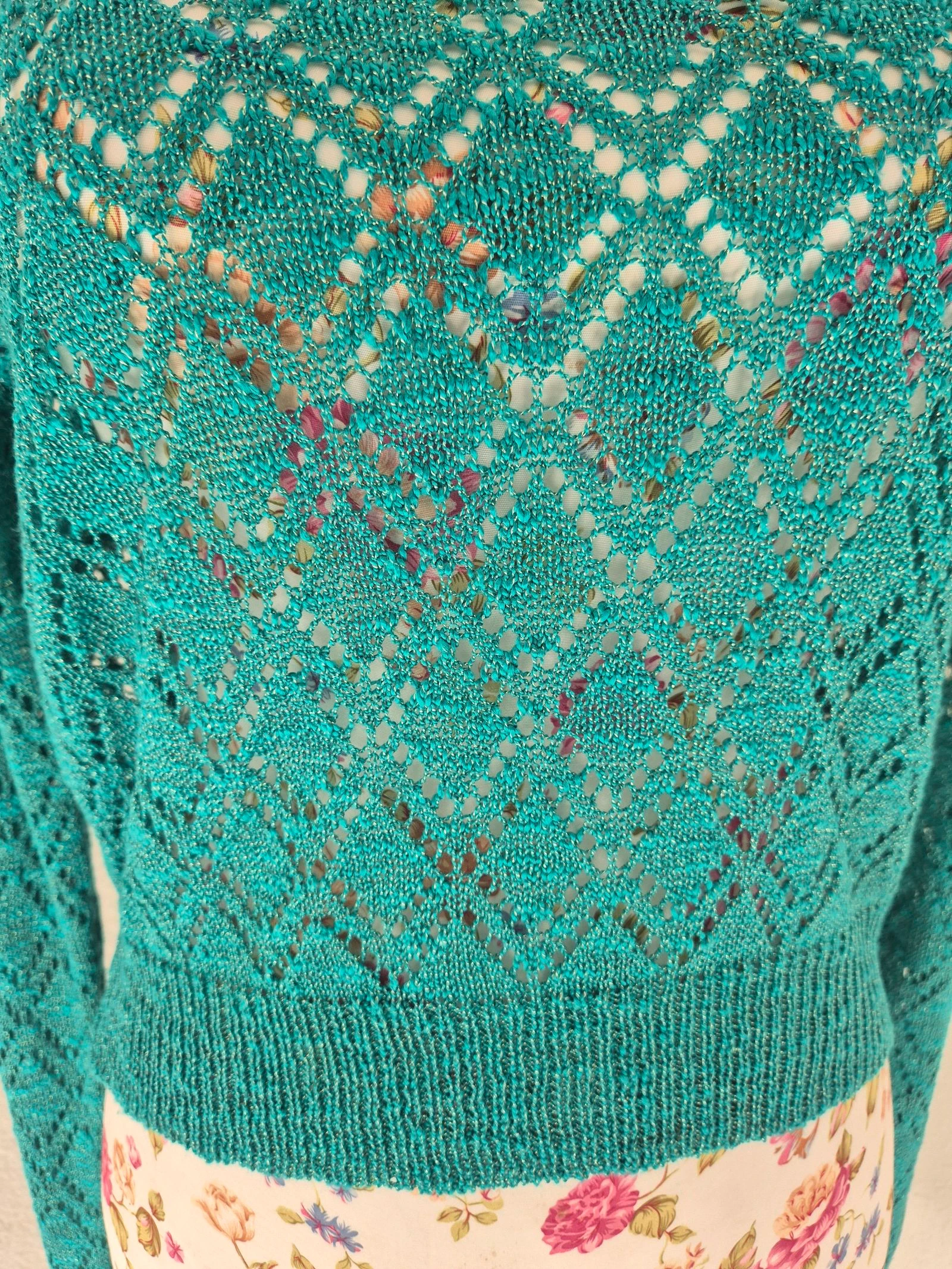Molly Bracken Blusa de malha aberta turquesa feminina tamanho 38 M mangas longas estilo boêmio chique leve – photo 2